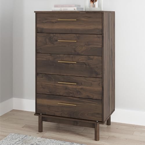 Signature Design by Ashley Calverson Contemporary 5 Drawer Chest of Smooth-Gliding Drawers and Safety Stop, Dark Brown Signature Design by Ashley