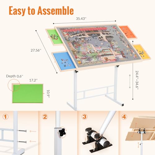 Puzzle Table with Drawers and Legs Height Tilting Adjustable for 1500 Pieces, Portable Jigsaw Puzzle Tables for Adults and Elderly, Puzzle Board with Covers Gifts for mom Women Mothers' Day… JoyPcsTable