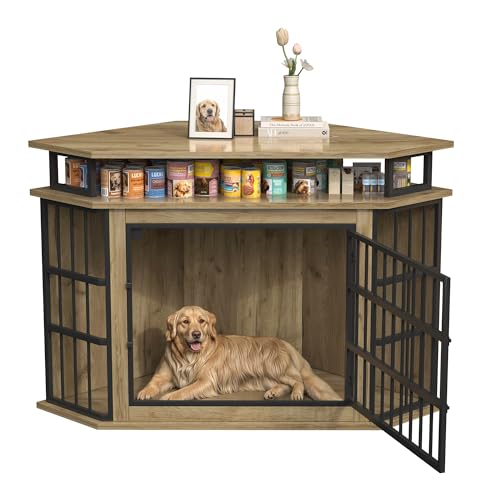 51" Corner Dog Crate Furniture, Wooden Dog Kennel Furniture with 2-Tier Shelves, Decorative Wood Dog House for Small/Medium/Large Dog, Space-Saving Dog Cage for TV Stand(Oak) VONZOY