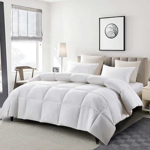 Serta Goose Feather Down Fiber Cotton Comforter Twin Size - 100% Cotton Duvet Insert - Hotel Luxury Hypoallergenic Bedding Comforter Light Warmth 68 x 90 Inch White Serta