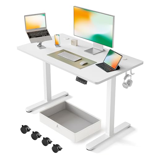 FEZIBO 40 x 24 Inches Standing Desk with Drawer, Adjustable Height Electric Stand up Desk with Storage, Sit Stand Home Office Desk, Ergonomic Computer Desk, White FEZIBO