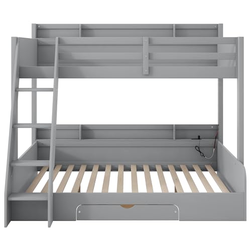 Twin over Full Bunk Bed with Storage Shelves, Wood Twin Bunk Beds with Ladder and Built-in Drawer, Multifunctional Bunk Bed Frame with Led Lights and Charging Station for Kids Girls Boys, Gray Harper & Bright Designs