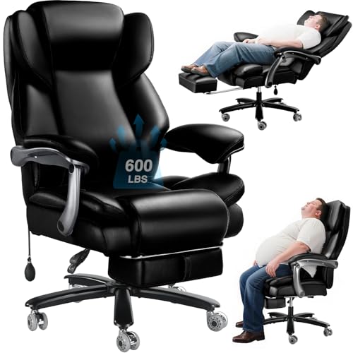 600lbs Big and Tall Office Chair for Heavy People,Heavy Duty Comfy Executive Office Desk Chair with Adjustable Lumbar Support,High Back Reclining PU Leather Computer Chair,Metal Base (Classic, Black) WAILOR