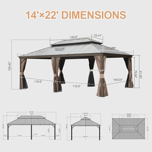 Domi 14x22FT Hardtop Gazebo with Netting & Curtains, Outdoor Aluminum Frame Gazebo with Galvanized Steel Double Roof, Outdoor Permanent Metal Pavilion for Patio Deck Lawn and Garden, Dark Brown domi outdoor living