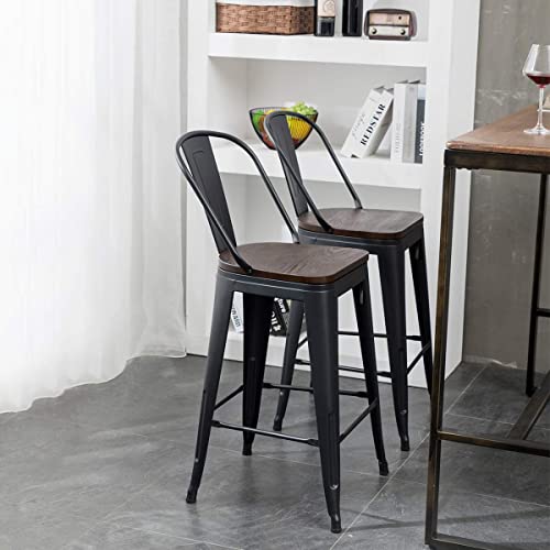 Aklaus Metal Bar Stools Set of 4,26 inch Barstools Counter Height Bar Stools with Backs Farmhouse Bar Stools with Larger seat High Back Kitchen Dining Chairs Modern Bar Chairs Matte Black Stool Aklaus