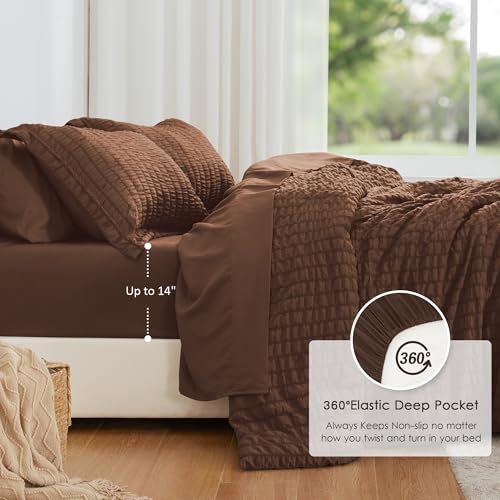 Love's cabin Seersucker Brown Full Comforter Set, 7-Piece All Season Lightweight Bed in a Bag Bedding Set with Comforter, Flat Sheet, Fitted Sheet, Pillowcases and Shams