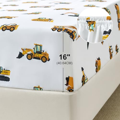 3-Piece Twin Size Bed Sheet Set by Coukouchyi, Soft & Breathable Kids Fitted & Flat Sheet for Boys with Deep Pocket, Construction Cars Cokouchyi