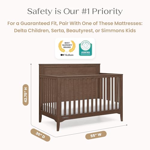 Delta Children Kendall 6-in1 Convertible Crib - Converts from Baby Crib to Toddler Bed, Daybed, Sofa Bed and Full-Size Bed with and Without Footboard, Fits Full-Size Crib Mattress, Teak Brown