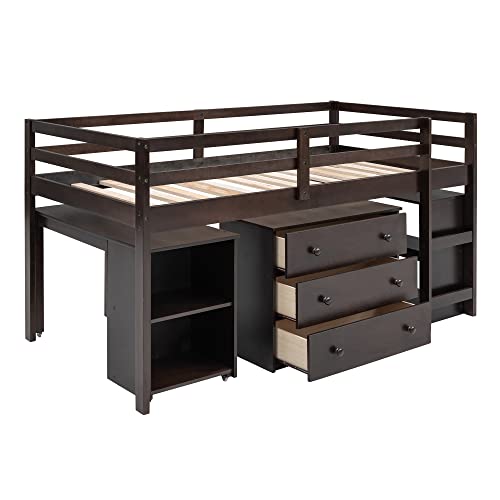 Harper & Bright Designs Twin Size Low Loft Bed with Rolling Portable Desk and Storage Cabinet, Wooden Low Study Loft Bed with Drawers, for Kids Teens Girls Boys - Espresso Harper & Bright Designs