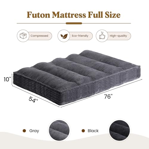 NLDD 10" Futon Mattress Full Size, Ultra Thick Futons Sofa Couch Bed Sleeper Sofa Bed, Versatile Floor Futons Japanese Floor Mattress for Adults, Grey (Frame Not Included) NLDD
