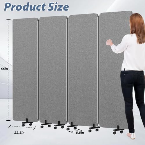 Acoustic Room Divider Privacy Panel with Wheels, 4 Panel Soundproof Room Divider (Aluminum Frame) for Room Partition, Folding Room Dividers Separation Office Cubicle Wall Sound Proof Partition Divider HOMSCREENER