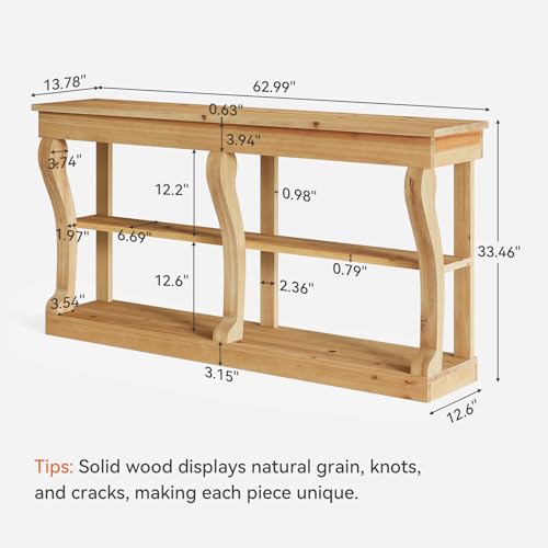 TRIBEWOOD Solid Wood Console Table for Entryway, 63-Inch 3-Tier Sofa Table Behind The Couch with Storage, Farmhouse Entryway Furniture for Living Room, Foyer, Hallway, Natural Wood TRIBEWOOD