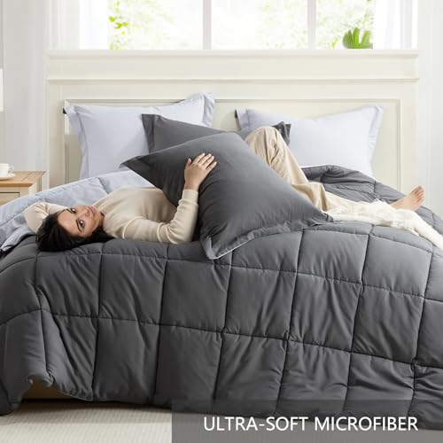 Homelike Moment Queen Comforter Set Grey, Comforters Queen Size Set, Soft Lightweight Down Alternative Bed Comforter Full Size Reversible All Season 3 Pieces Sets Grey/Light Gray Homelike Moment