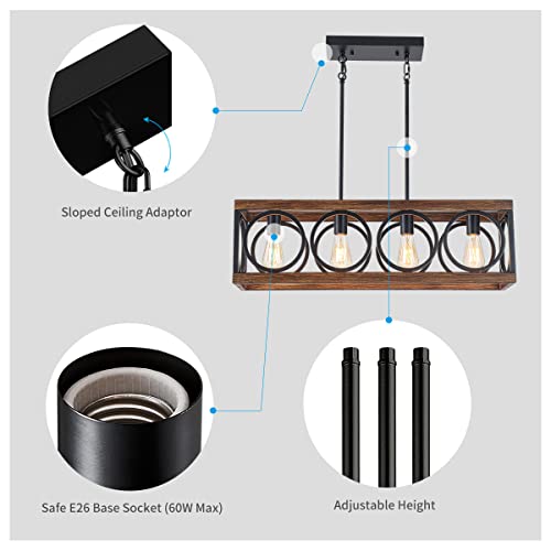 XINGQI Black Kitchen Island Light Fixtures, Farmhouse Dining Room Chandelier Rectangular Linear Chandeliers Pendant Ceiling Light Fixture for Bar Office Coffee Shop 4-Light Wood Grain XINGQI