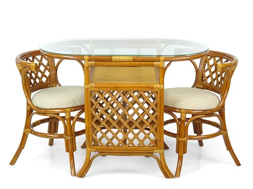 Borneo Compact Dining Set Colonial Color, Table with Glass Top + 2 Chairs with Cream Cushions, Handmade Natural Wicker Rattan Furniture Wickerix