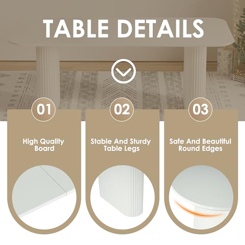 RGZ Modern Oval Dining Table Set for 6, 71" Cream White Kitchen Table with Ripple Legs & 6 White Silver Faux Leather Chairs, Easy to Clean Dinner Table Set for Office, Home, Dining Room RGZ