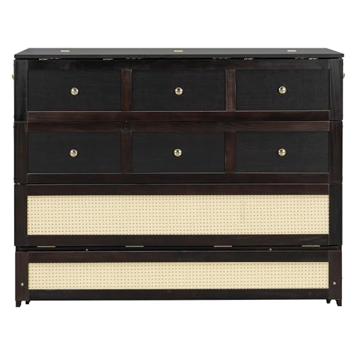 Merax Farmhouse Wood Murphy Bed Chest, Foldable Wall Platform Bed with Storage Drawer/Space Saving/Wood Slat Support/Full, Espresso +Natural