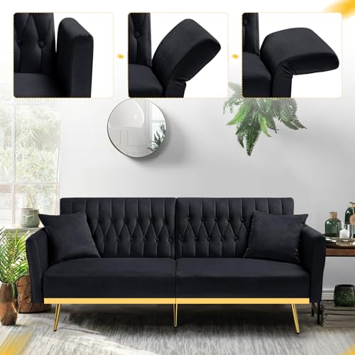 ACMEASE 70” Velvet Futon Sofa Bed with 2 Pillows and Adjustable Armrests, Convertible Sleeper Bed W/Adjustable Backrests, Modern Loveseat for Living Room, Bedroom, Black ACMEASE