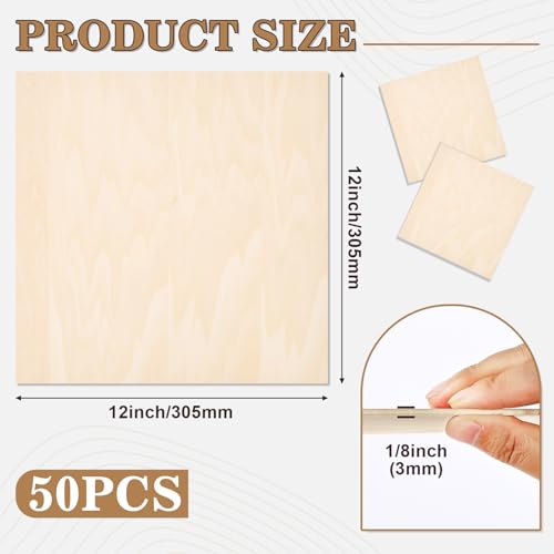 MITINU 50 Pack Basswood Sheets for Crafts,12"x12"x1/8" 3mm Thick Plywood Sheets with Smooth Surfaces-Unfinished Squares Wood Boards for Laser Cutting, Wood Burning, Architectural Models, Staining MITINU
