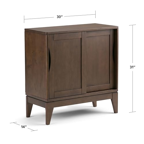 SIMPLIHOME Harper SOLID WOOD 30 inch Wide Mid Century Modern Low Storage Cabinet in Walnut Brown, with Large Space Behind 2 Sliding Notched Handle SIMPLIHOME