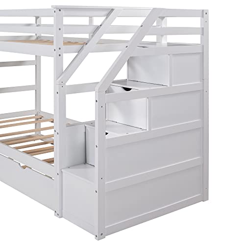 Merax Twin Over Twin Bunk Bed with Trundle, Solid Wood Stairway Bunk Bed Frame with 3 Storage Cabinet Staircase, No Spring Box Required, White Merax