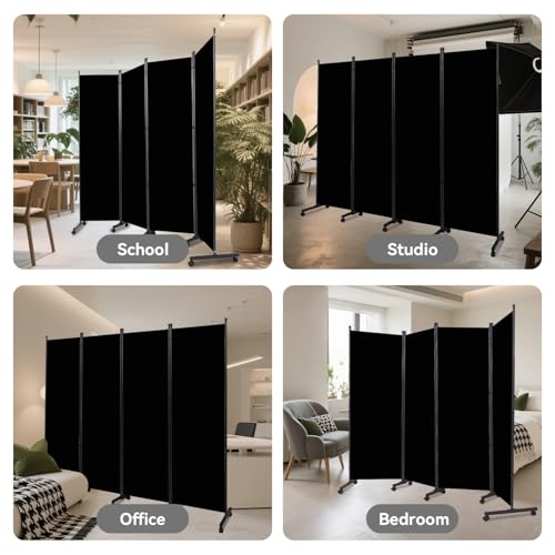 Room Divider (4 Panel) Wall Divider for Room Separation, 88 inch Wide Portable Privacy Screens W/Wheels, Metal Frame Freestanding Room Separators 5.6FT Room Partitions and Dividers YASRKML