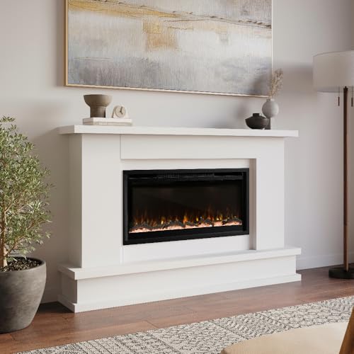 Modern Ember Patton White Mantel Package 64" W x 42" H with 42 Inch Electric Fireplace - 5 Flame Colors, 10 Ember Bed Colors, Log Kit & Crystal Embers | Alexa/WiFi Enabled Modern Ember