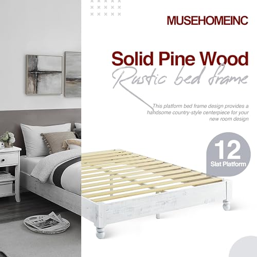 Rustic White Washed King Platform Bed Frame by MUSEHOMEINC – No Boxspring Needed, Timeless Design MUSEHOMEINC