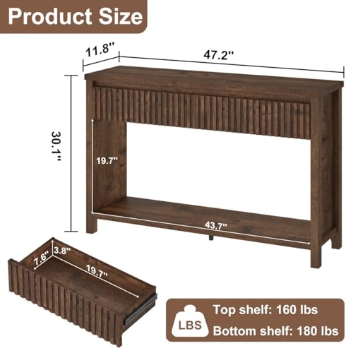 BON AUGURE Console Table with 2 Drawers, 47In Entryway Table with Storage, Sofa Tables with Two-Tier Shelf, Narrow Farmhouse Fluted Couch Tables for Living Room, Rustic Oak BON AUGURE