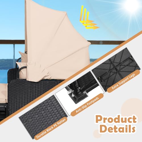 Tangkula Patio Rattan Daybed with Retractable Canopy, Outdoor Wicker Sunbed Lounger with 2 Foldable Side Tables, Thick Seat & Back Cushions, Outside Double Daybed for Garden, Backyard, Porch