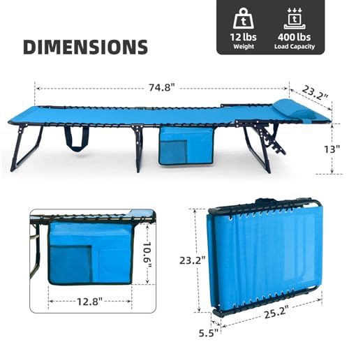 Foristrail Folding Chaise Lounge Chair Bed Set of 2 - Heavy-Duty 400lb Capacity Portable Adjustable Recliner w/Pillow for Patio, Pool, Camping, Sunbathing - Lay Flat Design (Blue)