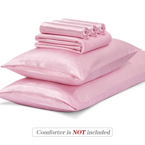 MILVOWOC 6 Pcs Blush Pink Satin Duvet Cover Full/Queen Size Set, Silky Bed Duvet Cover Ultra Soft Comforter Cover, 1 Satin Duvet Cover, 1 Body Pillowcase, 4 Pillow Cases (No Comforter) MILVOWOC
