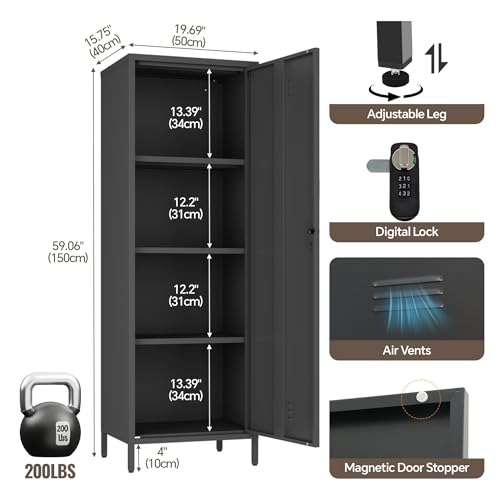 Steehoom Locker Cabinet, 59.06" H Black Metal Locker Storage Cabinet for Employees with Locking Door and 2 Shelves Kids Locker Tool File Cabinets for Bedroom, Home Office, Garage, Bathroom Steehoom