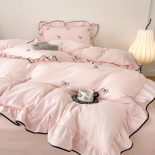AOJIM Chic Pink Duvet Cover Set 3-Piece with Bow Pattern for Kids Adults, Twin Size Brushed Microfiber Ruffled Bedding Set, 1 Soft Comforter Cover and 2 Pillowcases, for All Seasons AOJIM