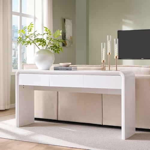 Aitjunz 63'' Console Table with 3 Drawers, Modern Entryway Table with Curved Profile Design, Narrow Long Wood Sofa Table Behind Couch Table for Living Room, Hallway, Foyer, White Aitjunz