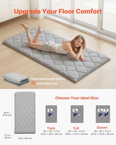 VEVOR 9-Layer Japanese Futon Mattress, 3.5" Thick Twin Tatami Mat, Foldable Roll Up Mattress for Sleeping with Storage Bag, Portable Floor Mattress for Camping Dormitory Yoga, Gray VEVOR
