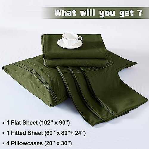 Homiest Extra Deep Pocket Queen Size Sheets Set, 6 Pieces Soft Olive Green Sheets 18-24 Inch Deep Pocket Bed Sheets, Hotel Luxury 1800 Thread Count Microfiber Bed Set Fits Ultra Deep Mattress Homiest