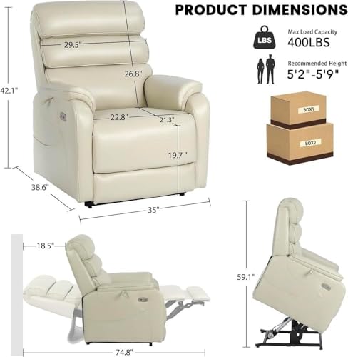 Cream White Genuine Leather Dual Motor Power Lift Recliner Chair for Elderly Adults Lay Flat Electric Sofa with Heated Massage Side Pockets Charging Ports Heavy Duty SDKOLPBNMZX