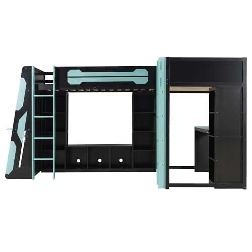 MERITLINE Twin Size L-Shaped Loft Bed with USB Ports and Desk for Boys, Gaming Loft Bed with LED Lights, Storage Shelves and TV Stand for Teens Adults, Reversible Layout, No Box Spring Needed, Blue MERITLINE
