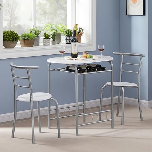 VECELO 3-Piece White & Silver Dining Table Set with Built-in Wine Rack for Small Spaces VECELO