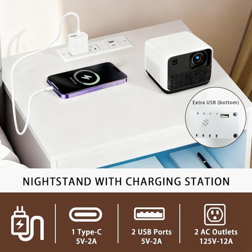 ansefe Night Stand with Charging Station and Ambient Light, LED Nightstand with USB-C Ports and Outlets, Morden Bedside Table with 2 Drawers and Open Compartment, End Table for Bedroom, White ansefe