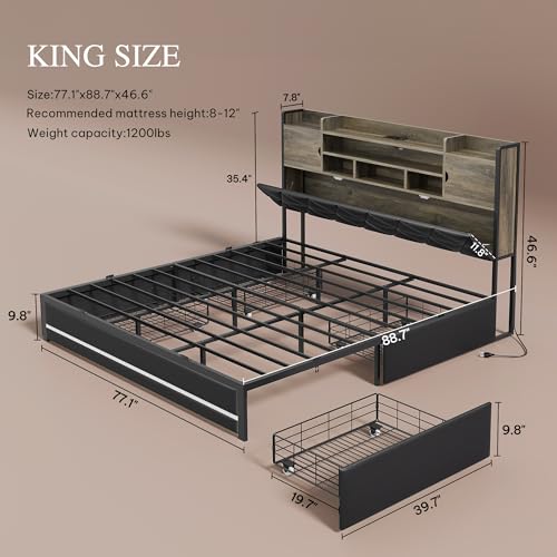 YITAHOME King Size Bed Frame with RGB LED Lights & Storage Bookcase Headboard, Upholstered Bed with Charging Station and 4 Drawers, No Box Spring Needed, Easy Assembly, Noise-Free, PU Leather Black YITAHOME