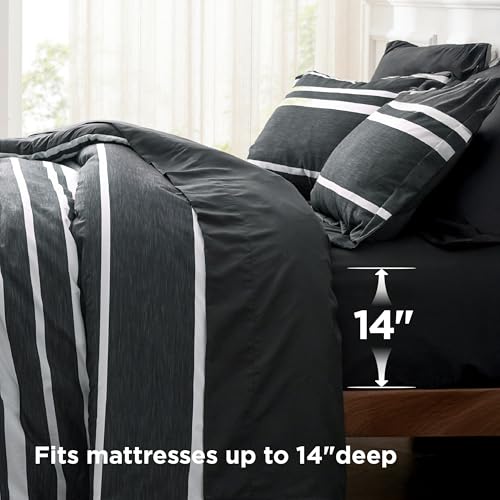 Bedsure Full Comforter Set 7 Pieces, Black Striped Bedding Set for All Seasons, Reversible, Cationic Dyeing Bed in a Bag with Comforter, Sheets, Pillowcases & Shams Bedsure