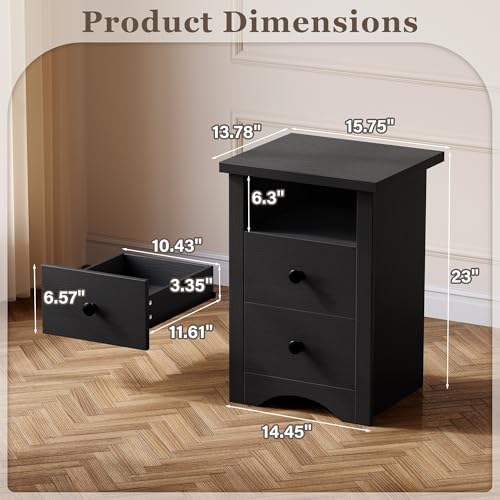 YESHOMY Nightstand Set of 2, Farmhouse Night Stand with 2 Storage Drawers and Open Shelf, Bedside Tables for Bedroom Small Space, Black YESHOMY