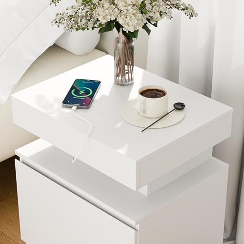 Cozy Castle LED Nightstand, LED Night Stand with Charging Station,Storage and Flip Top, Small End Side Table for Bedroom, Living Room (1, White) Cozy Castle