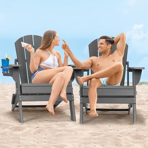 Folding Adirondack Chair, Patio Chair with Cup Holder, Wood Texture Fire Pit Chair, Heavy Duty HDPE Weather Resistant for Outdoor Lawn Porch Garden Backyard Deck (Grey) Rengue