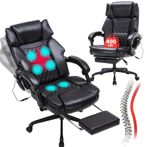 Massage Office Chair with Foot Rest 6 Points Vibration and Heat Home Office Desk Chairs for Heavy People 400lbs Reclining Managerial Chairs Ergonomic Executive Chair (Black) HESL