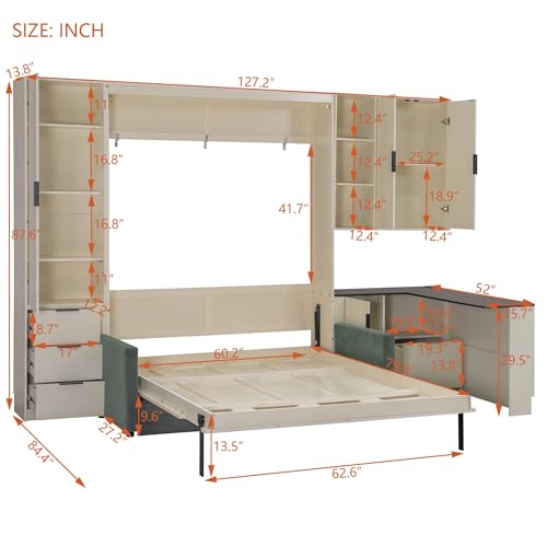 Quarte Queen Size Murphy Bed with Hydraulic Lift, Foldable Wall Bed with Sofa, Storage Shelves, USB Charging & LED Lighting, Space-Saving for Small Apartments Bedroom (Beige+Green Sofa) Quarte