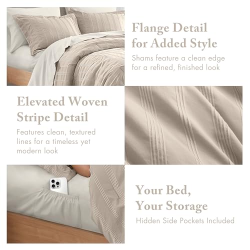 Madison Park Essentials Striped Comforter Set Queen, 7 Pieces Modern Minimalist Jacquard Bedding Set for All Season, Bed in A Bag with Sheet Set and Soft Brushed Reverse, Lightweight Neutral Madison Park Essentials