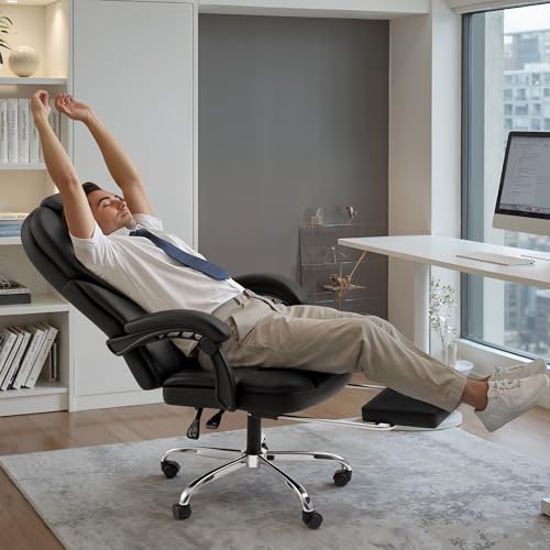Shahoo Executive Office Chair with Massage, Ergonomic Reclining High Back Leather Seats with Footrest and Lumbar Support, Big and Tall, 400Lbs Heavy Duty, Black Shahoo